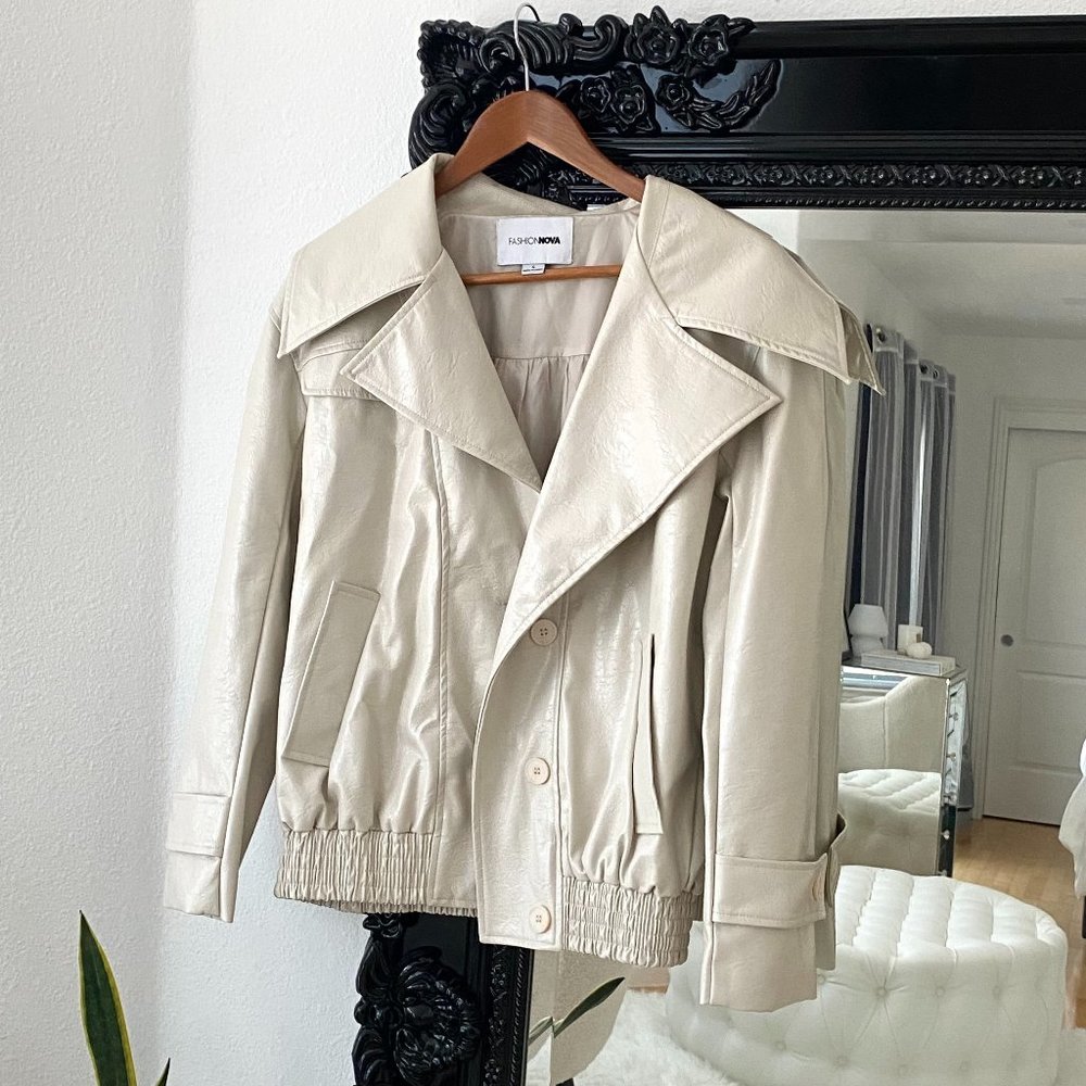 Fashion Nova | Women's Faux Leather Beige Coat Sand Button-Up Moto Jacket